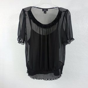 B Wear Women's Black Sheer Floral Short Sleeve Blouse Shirt Tank Top 1 Piece Set